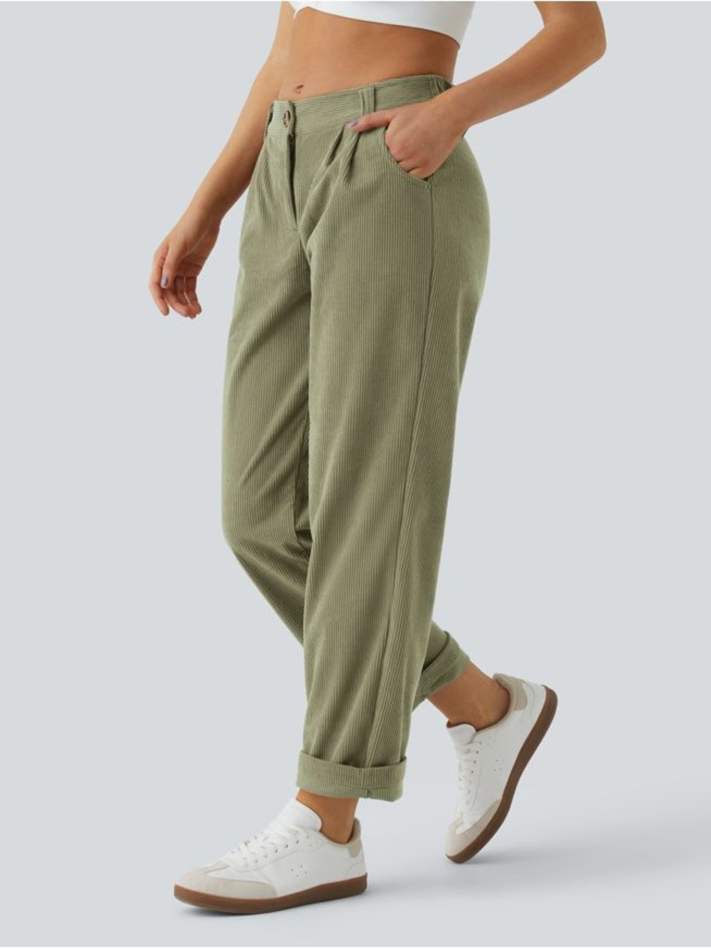 017 Halara Mid Rise Zipper Pocket Corduroy Casual Pants - Boa